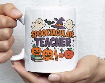 Taza de Halloween para profesor/a: Diseño de fantasma, calabaza y bruja