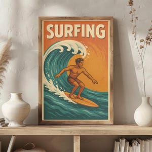 Retro Surfing Poster Vintage Surf Art Print - Mid Century Style Wall Art - Surfer Gift for Beach Lovers, Coastal Home Decor A1 A2 A3 A4