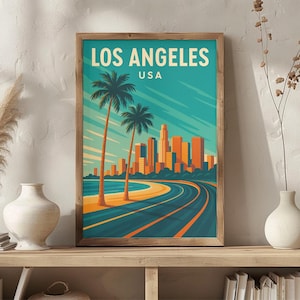 Los Angeles Travel Poster | Retro USA Palm Trees & City Skyline Art Print | California Wall Decor | Secret Santa Christmas Gift Ideas