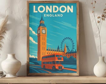 Póster de viaje de Londres / Arte mural retro del Big Ben y el autobús rojo