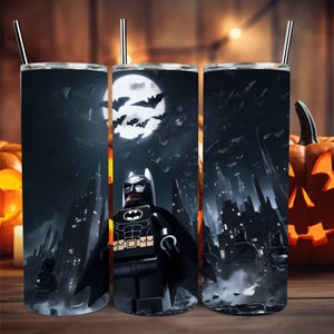 Halloween Dark Hero Block Figure 20oz Skinny Tumbler Wrap – Gothic City Night Superhero Sublimation PNG Digital Download