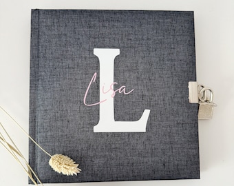 Diary with lock, personalized, linen cover, with initials