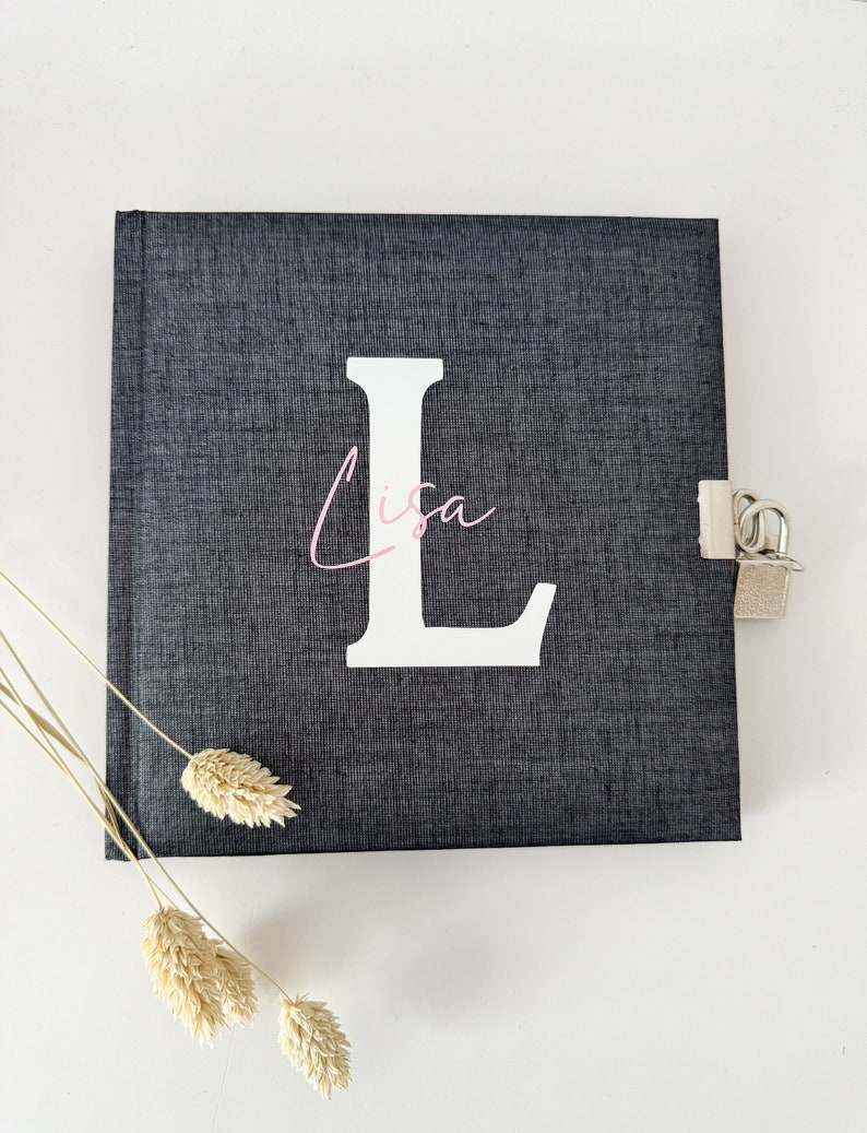 Diary with lock, personalized, linen cover, with initials image 1