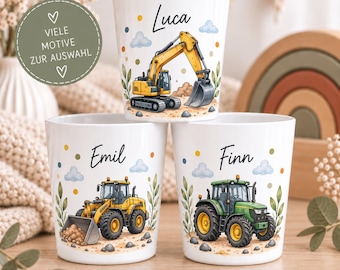 Gepersonaliseerde kindermok met naam | Bouwplaats, graafmachine, tractor, bouwvoertuigen | Drinkmok, tandenborstelmok | BPA-vrij | Cadeau voor kinderen