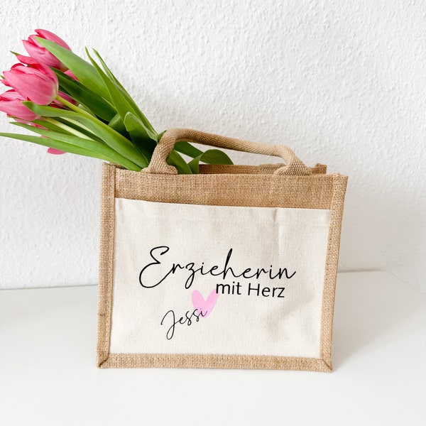 Jutetasche Erzieherin mit Herz | Geschenktasche | Dankeschön | Lehrerin Abschiedsgeschenk | personalisiert