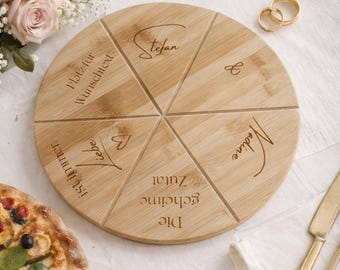 Gepersonaliseerd pizzabord voor stellen met namen en datum – huwelijksgeschenk, verlovingsgeschenk, pizzaset met snijlijnen