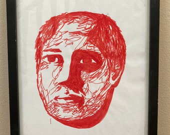 Framed Red Marker Portrait Drawing Of A Man