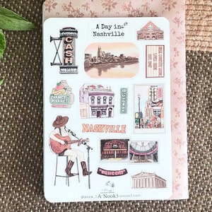 Nashville Tennessee Stickers pour carnet de voyage Art dessiné à la main Stickers art de la ville pour voyage Stickers scrapbooking Stickers dessinés à la main