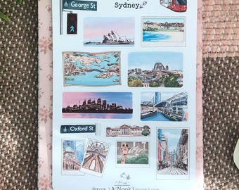 Sydney Australisa Travel Stickers: Sydney Travel Hand-Drawn Art Journal Stickers