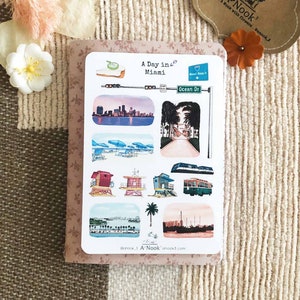 Feuille d'autocollants Miami Autocollants d'illustration de la ville Autocollants de carnet de voyage aux États-Unis pour agenda Autocollants de scrapbooking de voyage à Miami Autocollants d'art de Miami