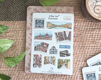 Op de afbeelding: Een set van 10 geïllustreerde stickers met verschillende bezienswaardigheden en scènes uit Florence, Italië. De stickers zijn gedrukt op wit papier met een roze achtergrond en hebben een vintage uitstraling. De stickers bevatten afbeeldingen van de Duomo, de Ponte Vecchio en andere iconische bezienswaardigheden.