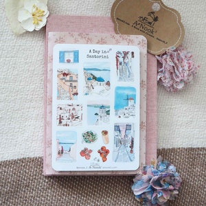 Santorin, Grèce, feuille d'autocollants, illustration de la ville pour carnet de voyage, Europe, autocollants, autocollants pour agenda, autocollants pour carnet, autocollants pour scrapbooking