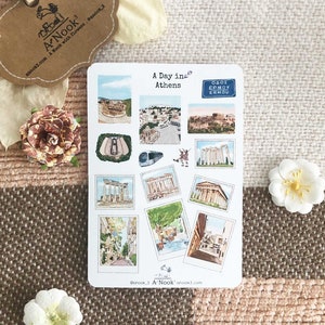 Athènes, Grèce, feuille d'autocollants, illustration de la ville pour carnet de voyage, autocollants pour agenda, autocollants pour carnet, autocollants pour scrapbooking, cadeau pour voyageur