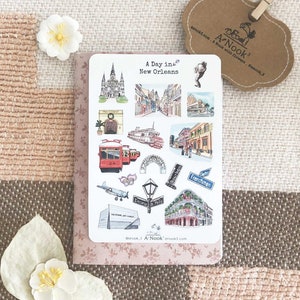 Feuille d'autocollants La Nouvelle-Orléans l Autocollants de voyage aux États-Unis l Illustration de la ville l pour agenda Bullet Journal Carnet de notes ou scrapbooking Stickers dessinés à la main