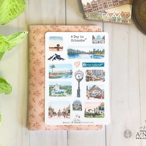 Feuille d'autocollants de voyage à Orlando, Floride, pour carnet de voyage, cadeau d'autocollants de scrapbooking de voyage aux États-Unis pour voyageur, autocollants dessinés à la main