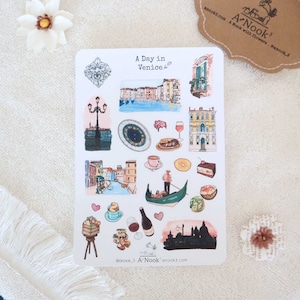 Feuille d'autocollants Venise Italie Stickers art de la ville Stickers de voyage pour journal Stickers Venise pour agenda de voyage Stickers dessinés à la main