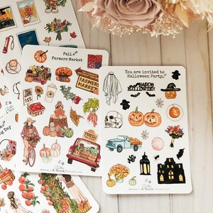 May include: Six sheets of stickers featuring autumn and Halloween themes. The stickers are illustrated with images of pumpkins, leaves, coffee cups, books, and other autumn-themed imagery. The text on the stickers includes "Autumn's Book Club", "Pumpkin Patch", "Fall Farmers Market", "Happy Thanksgiving", "Apple Picking Day", and "You are invited to a Halloween Party".