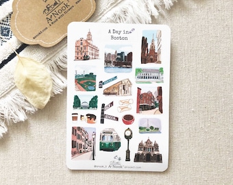 Boston Travel Stickers: Hand-Drawn New England Scrapbook Stickers