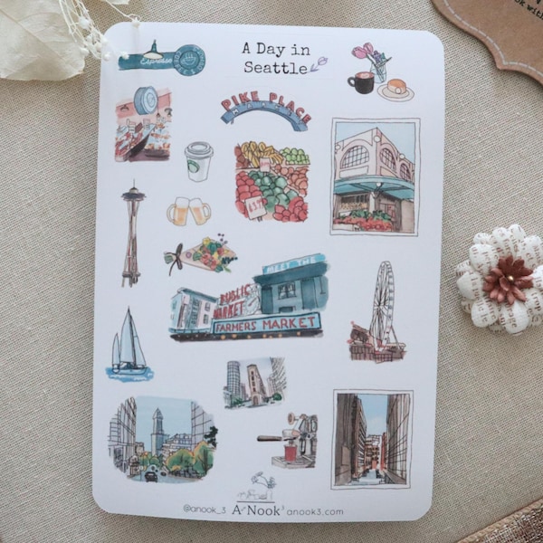 Seattle Travel Sticker Sheet: Pike Place, Space Needle