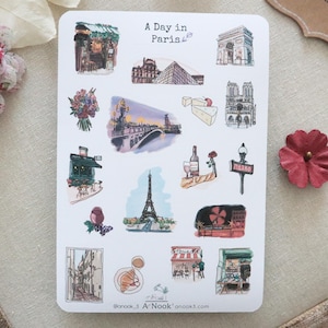 Stickers voyage Paris France Stickers art Paris Stickers carnet de voyage Stickers agenda Scrapbooking feuille d'autocollants Stickers dessinés à la main