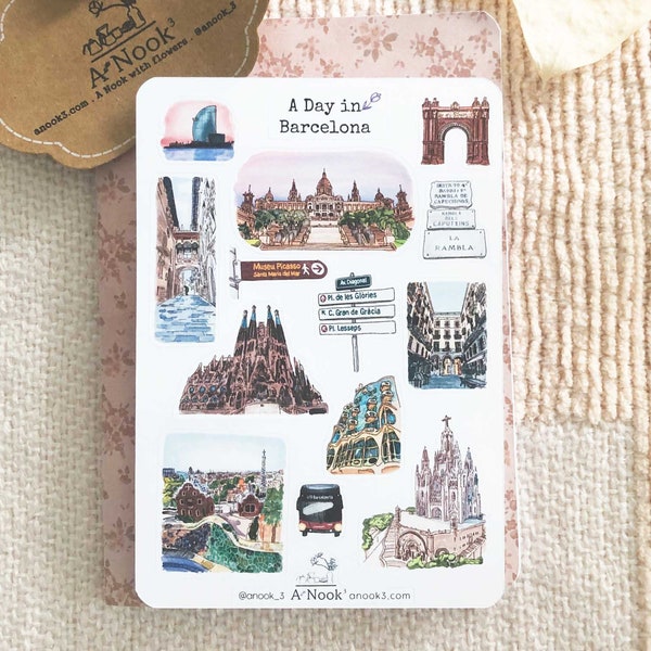 Barcelona Spain Sticker Sheet l Travel journal Stickers l City Stickers l Matte l for Planners Bullet Journal Notebook or Scrapbook