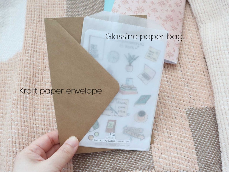 May include: A brown kraft paper envelope containing a translucent glassine paper bag. Inside the bag is a sticker sheet featuring various illustrations including a potted plant, a laptop, books, and text that reads A-Nook and anook5.com.