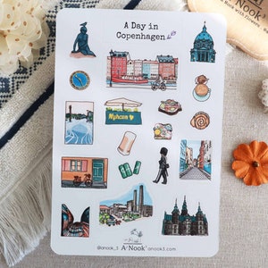 Autocollants Copenhague pour carnet de voyage Autocollant pour carnet Europe Autocollant pour agenda de voyage Art de la ville Feuille d'autocollants pour scrapbooking