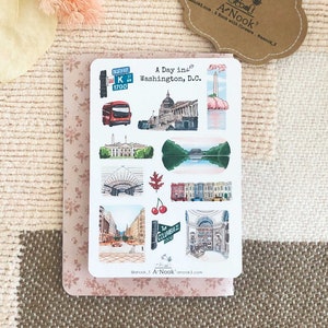 Feuille d'autocollants Washington DC l Autocollants pour carnet de voyage aux États-Unis l Mat l pour agendas Bullet Journal carnet ou scrapbooking Autocollants dessinés à la main