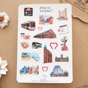 Feuille d'autocollants Toronto l Autocollants de voyage l Illustration de la ville l pour agenda Bullet Journal Cahier ou scrapbooking Autocollants dessinés à la main