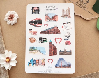 Toronto Sticker Sheet: Ottawa Montreal Quebec City Vancouver Calgary Banff Niagara Falls Canada Hand-Drawn City Illustration for Planners