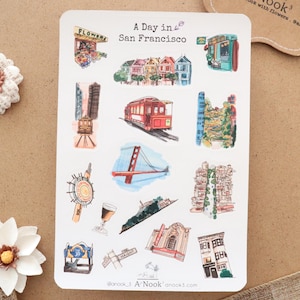 Feuille d'autocollants San Francisco l Autocollants de voyage en ville l Mat l pour agenda Bullet Journal carnet ou scrapbooking Autocollants dessinés à la main