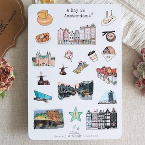 Stickers Amsterdam pour journal Stickers de voyage Feuille d'autocollants mats Pays-Bas Stickers agenda Stickers journaux Stickers scrapbooking