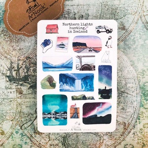 Stickers chasse aux aurores boréales en Islande Sticker pour carnet de voyage Sticker aurores boréales pour scrapbooking Feuille d'autocollants Bujo