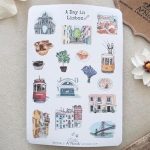 Stickers Lisbonne Portugal Feuille d'autocollants de voyage Illustration de la ville Europe Stickers scrapbooking de voyage Stickers dessinés à la main