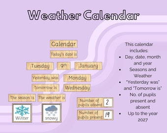 Pode incluir: Um modelo de calendário meteorológico imprimível com um fundo de textura de madeira. O calendário inclui o dia, a data, o mês, o ano, a estação, o clima e o número de alunos presentes e ausentes. O texto "Ontem foi" e "Amanhã é" está incluído. A data atual é terça-feira, 9 de janeiro. A estação é inverno e o clima é nevado. Há 2 alunos ausentes e 19 alunos presentes.