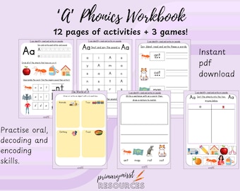 May include: A colorful printable phonics workbook for kids learning the letter 'A'. The workbook includes 12 pages of activities and 3 games. The cover features a title, 'A' Phonics Workbook, and the text '12 pages of activities + 3 games!' in a pink and purple color scheme. The text 'Instant pdf download' is also included in the image.