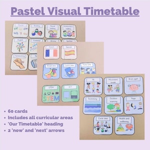 Tarjetas de horario visual editables en colores pastel