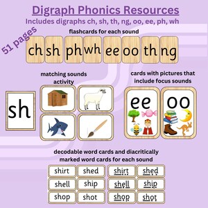 May include: Educational resource with digraph phonics flashcards. Includes cards for sounds like 'ch', 'sh', and 'th', with matching sound activities and decodable word cards. The image displays various cards with pictures and words.