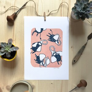 Handprinted linocut, unique linoprint - Dreamy Baby Elephants wearing pyjamas