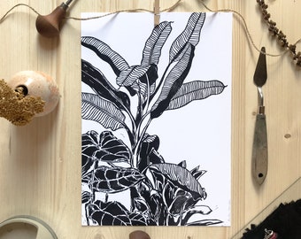 Handprinted linocut, unique linoprint - Palm house with banana tree