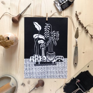 Handprinted linocut, unique linoprint - Indoor jungle in fancy pot