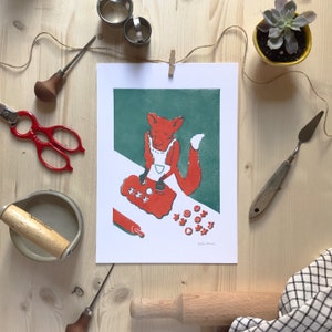 Handprinted linocut, unique linoprint - Fox,while baking gingerbread for christmas