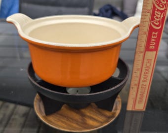 Vintage Le Creuset #14 Enamaled Flame Orange Fondue Pot with black cast iron Holder #3