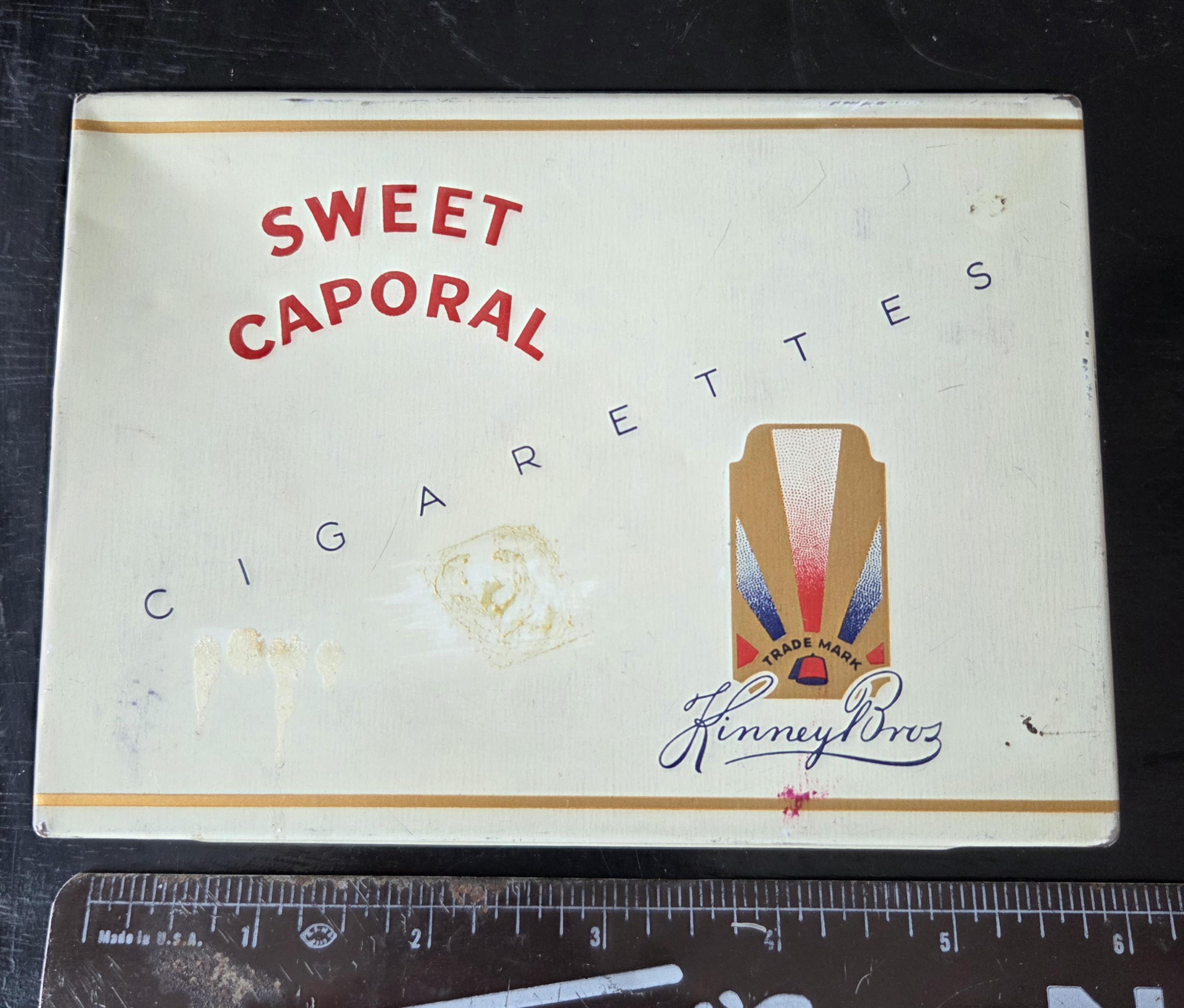 Vintage empty SWEET CAPORAL Cigarette Tobacco Flat 50 Box Tin trade marked by Kinney Bros Imperial Tobacco