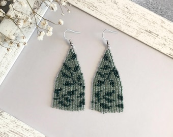 Leaves on a Branch Long Beaded Fringe Earrings Mismatched/ Dark & Pastel green/ Nature, Tree Leaves/ Czech glass seed beads/ one of a kind