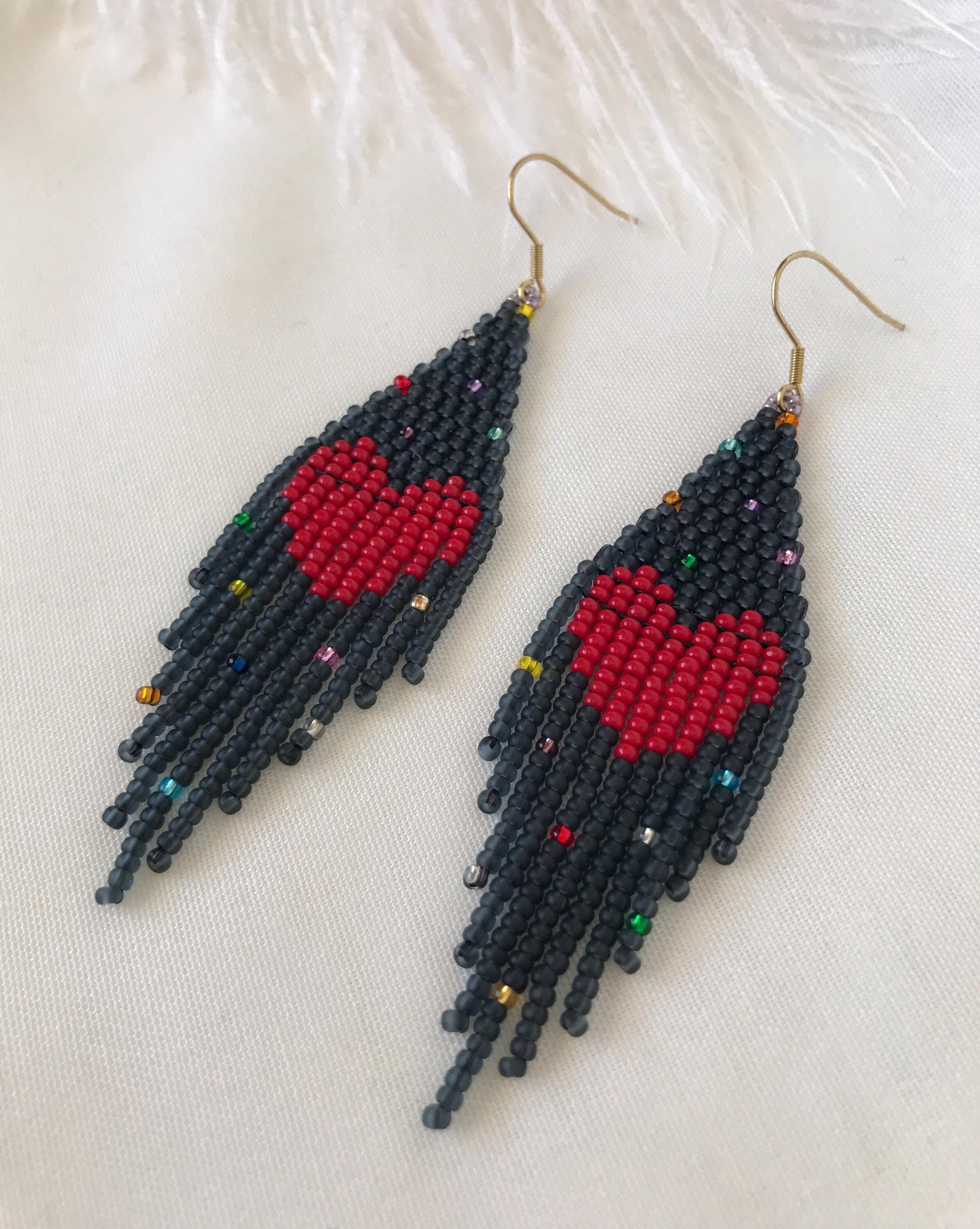 Heart-Shaped Fringe Earrings - Red and Blue Red Heart Beaded Fringe Earrings/ Valentine main image 2
