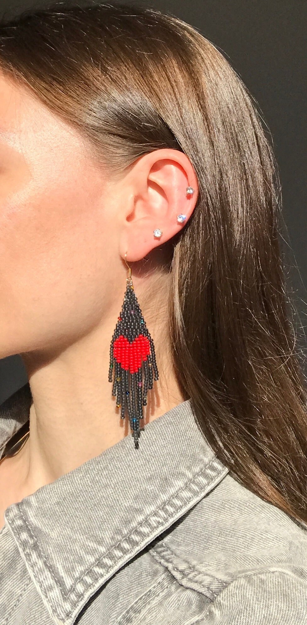 Red Heart Beaded Fringe Earrings/ Valentine display picture 2