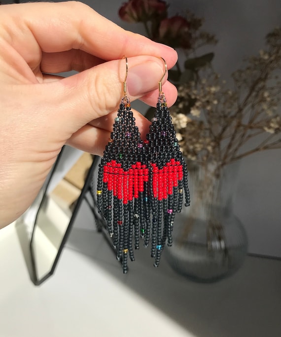 Heart-Shaped Fringe Earrings - Red and Blue Red Heart Beaded Fringe Earrings/ Valentine main image 3