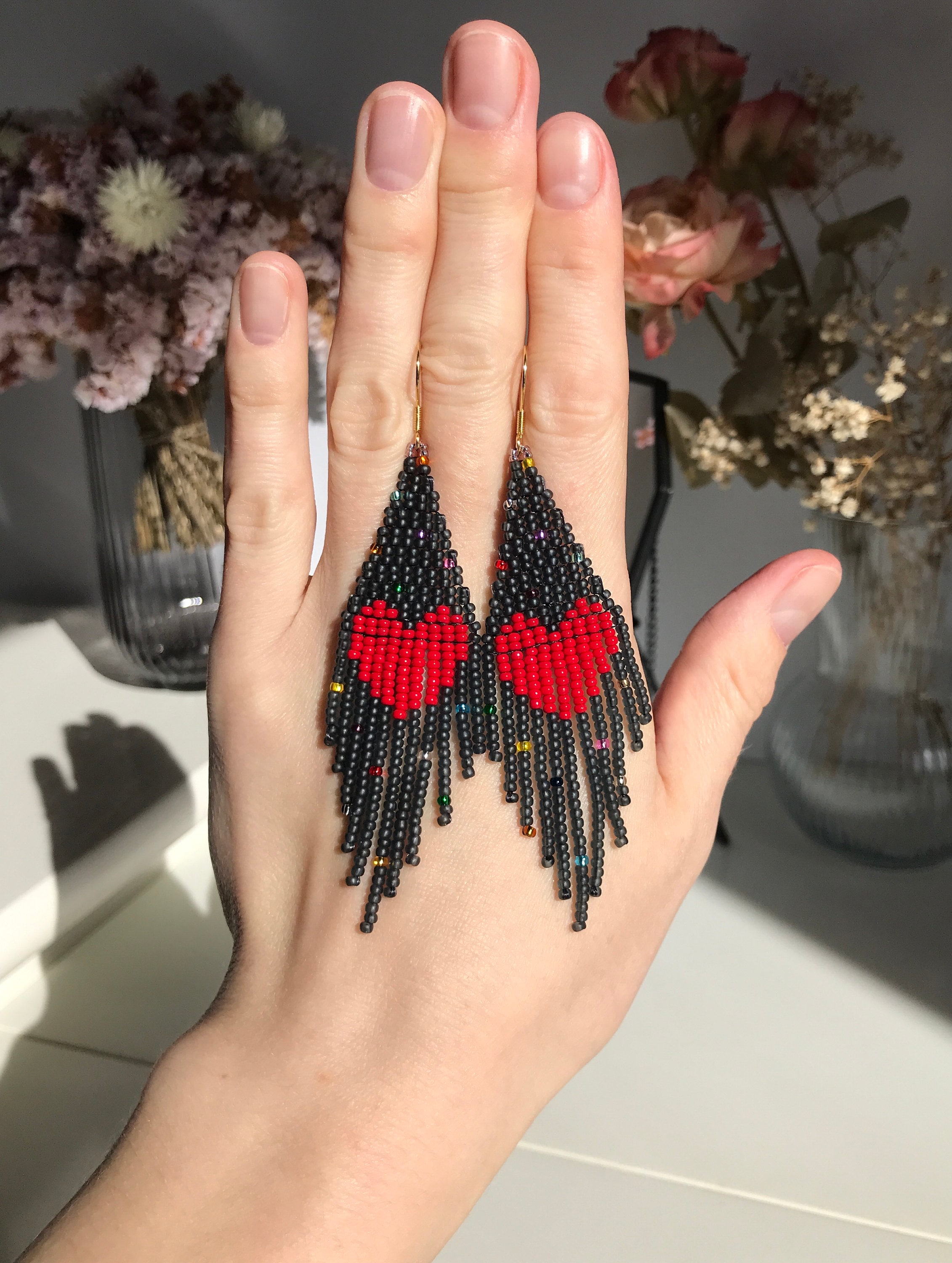 Red Heart Beaded Fringe Earrings/ Valentine