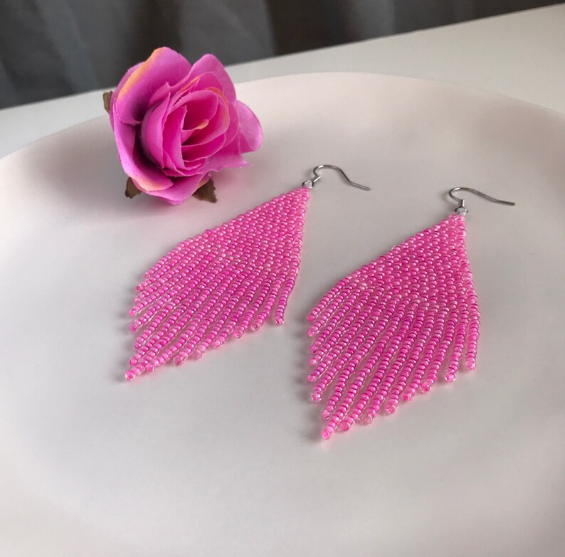 Monochrome Pink Long Beaded Fringe Earrings/ Statement Big Earrings ...